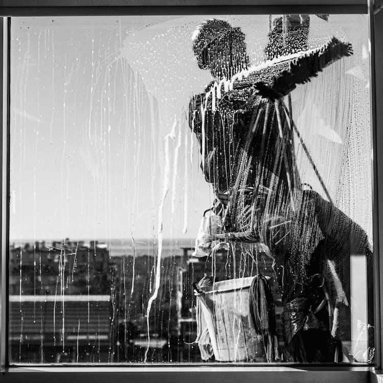 A professional using a wiper for window cleaning service