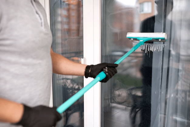 A professional using a wiper for window cleaning service