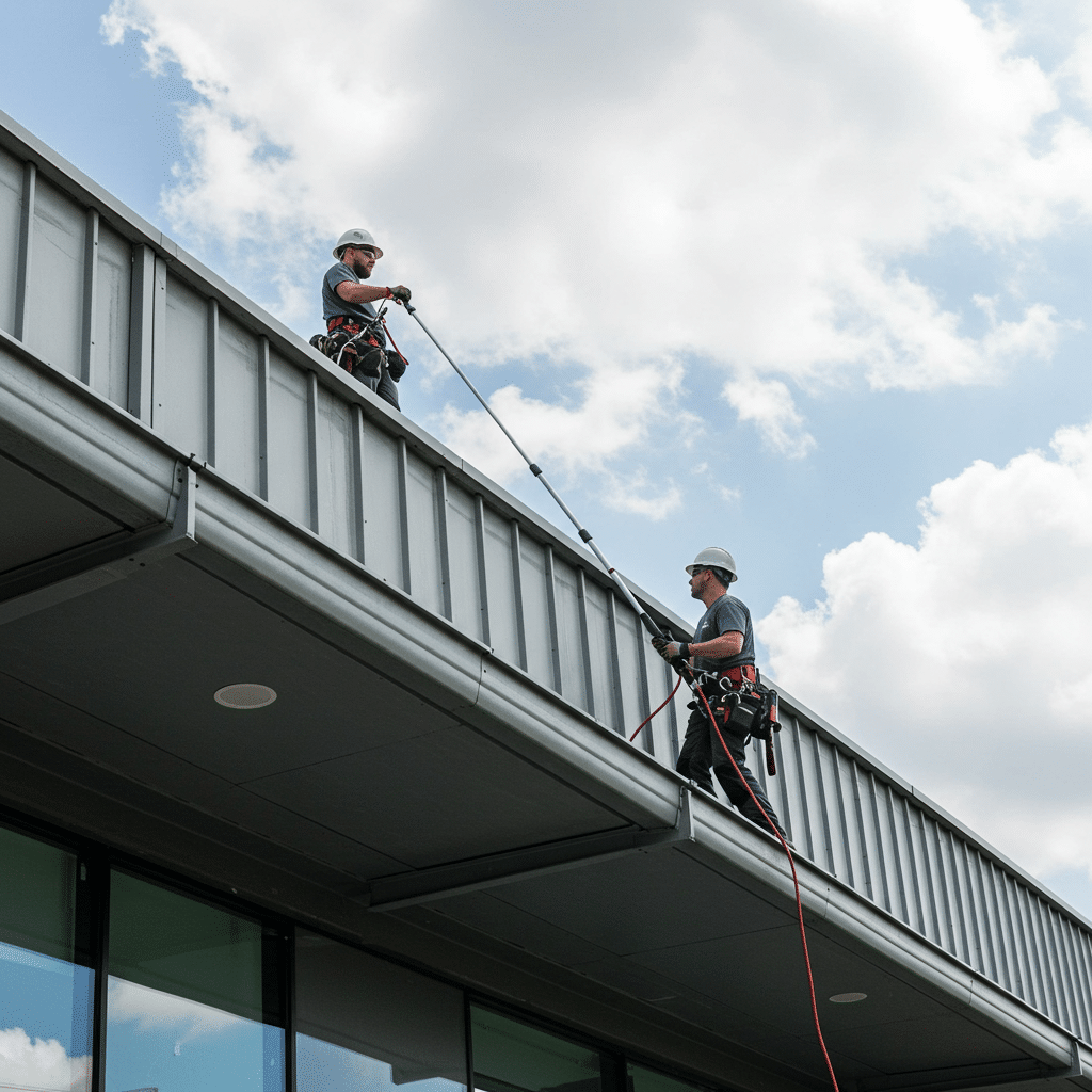 Two professionals in safety gear working on cleaning the gutters of a large commercial building.