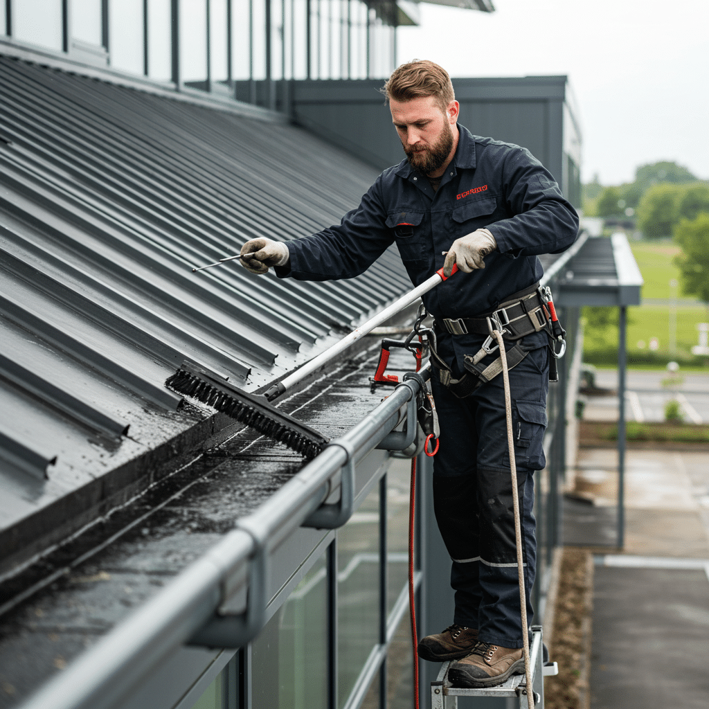 A close-up shot of a professional cleaning the gutter of a commercial building.
