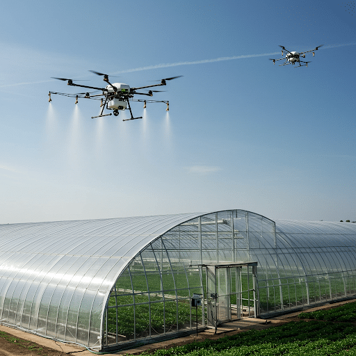 A window cleaning drone spraying spray to wash high-reach exterior glass panels on a building.