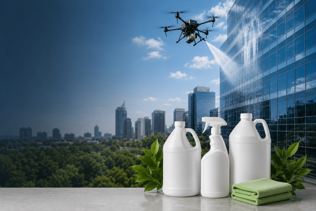 Commercial exterior drone cleaning service for a modern building facade in Dallas