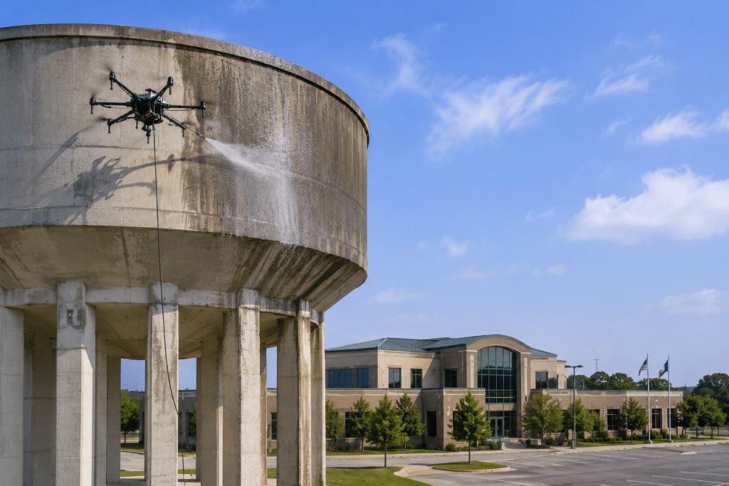 Drone power washing a municipal water tower near government facilities in Irving Texas