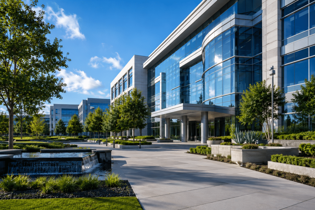 Advanced cleaning drone washing the large glass facade of a commercial corporate headquarters building in Dallas, TX.