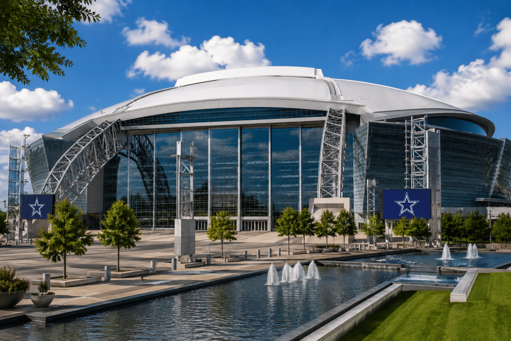 Drone power washing a large commercial stadium facade and high-access exterior glass in Dallas.