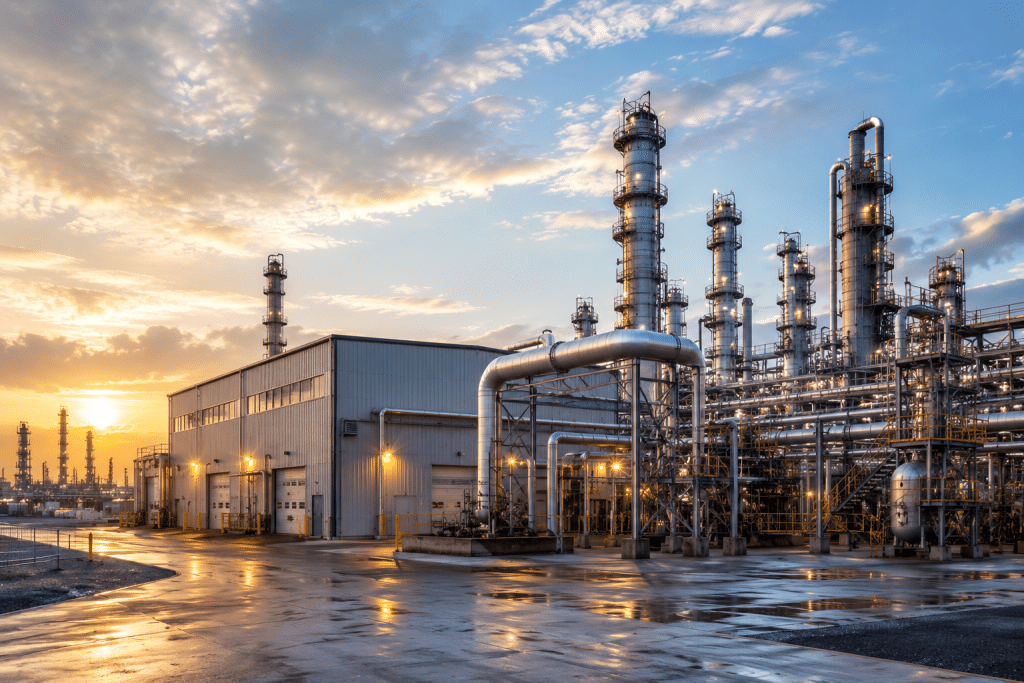 Professional exterior cleaning of a large oil and gas facility in Fort Worth, Texas, showcasing industrial buildings, refinery structures