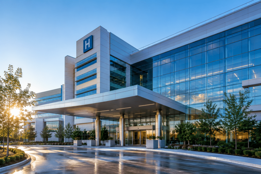 Professional drone power washing a commercial hospital building exterior in Dallas, TX.