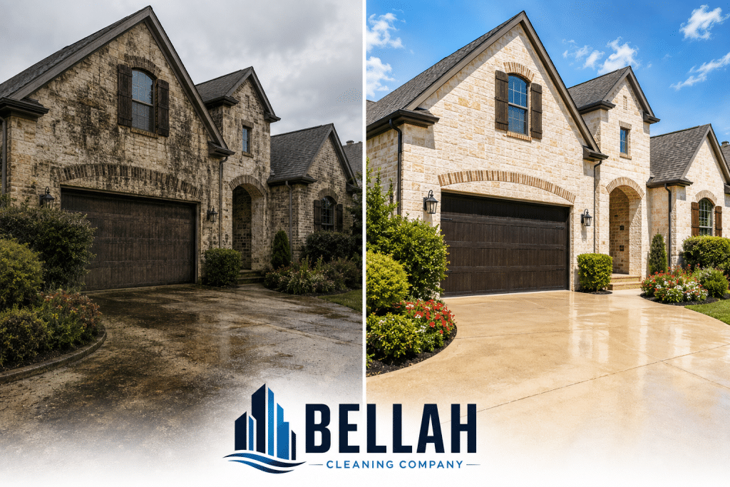 A technician using a power washer on a stone patio outside a brick home with a Dallas sign.