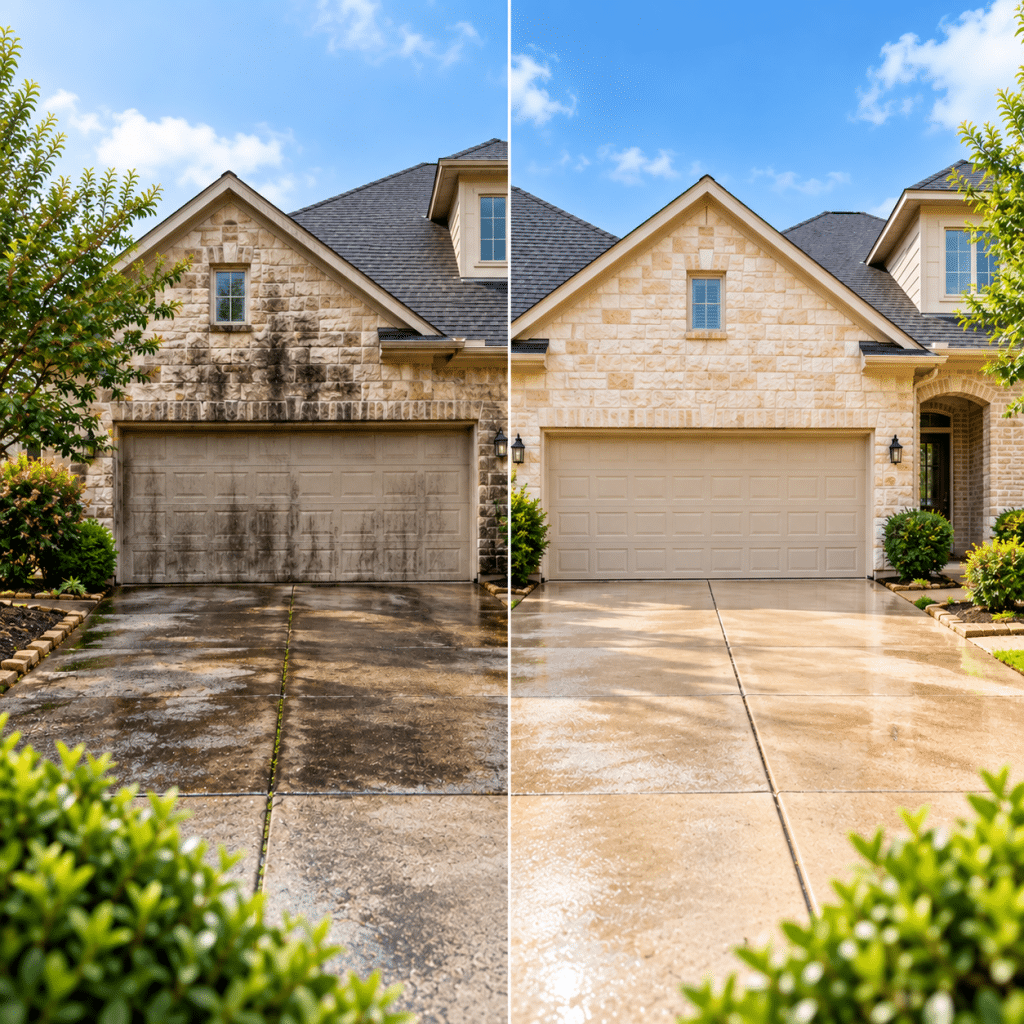 Before and after comparison of a Dallas home showing a dirty exterior with mold and grime on the left and a pristine, professionally cleaned exterior on the right.