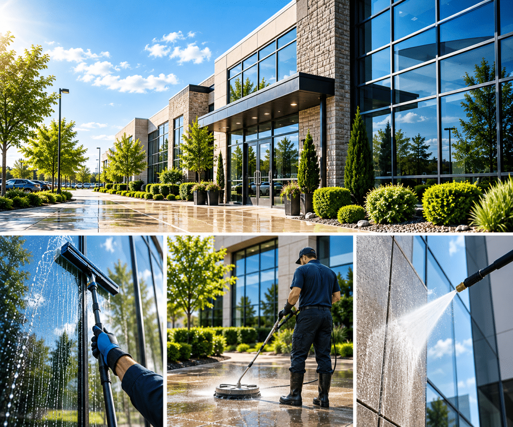 A professional cleaning technician using a high-powered pressure washer on a commercial property's concrete walkway in front of a modern glass office building.