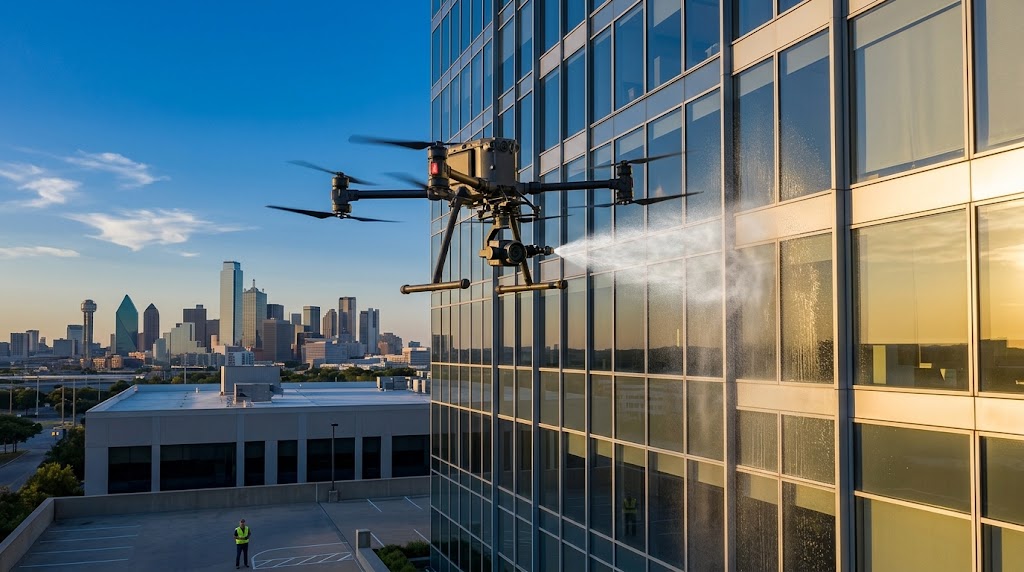 A commercial cleaning drone utilizing soft wash technology to safely clean the glass exterior of a high-rise building, with the downtown Dallas skyline in the background.
