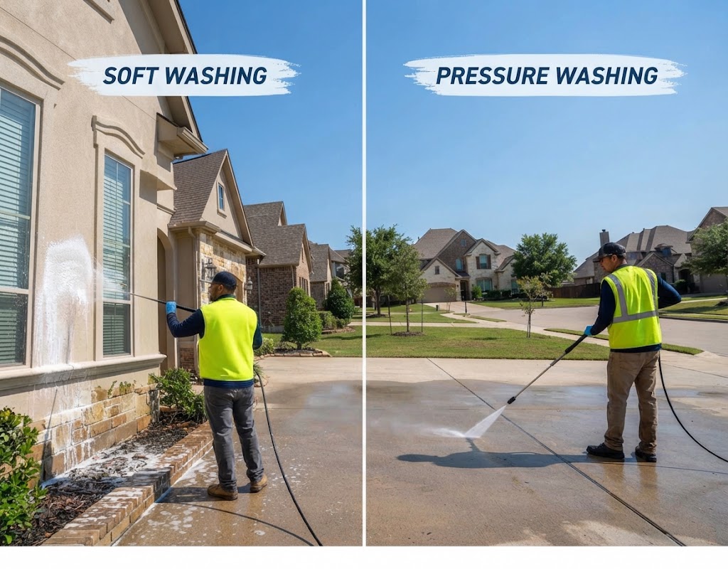 A split comparison image demonstrating soft washing with low-pressure suds on house siding versus high-pressure power washing on a concrete driveway in Dallas, Texas.