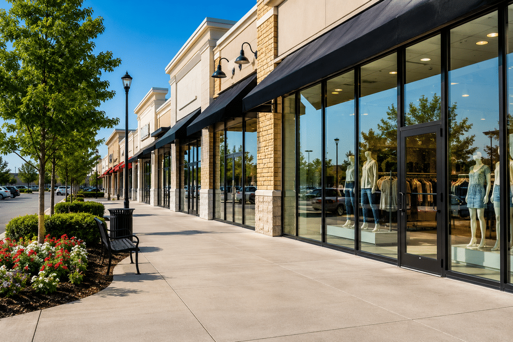 A clean, modern retail storefront with sparkling clear glass windows and polished concrete pavement, reflecting a bright daytime sky.