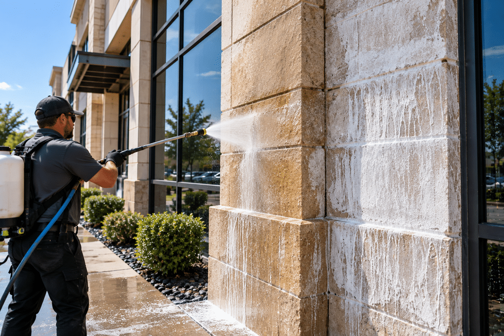 Technician restoring white efflorescence mineral stains on a commercial brick building facade.