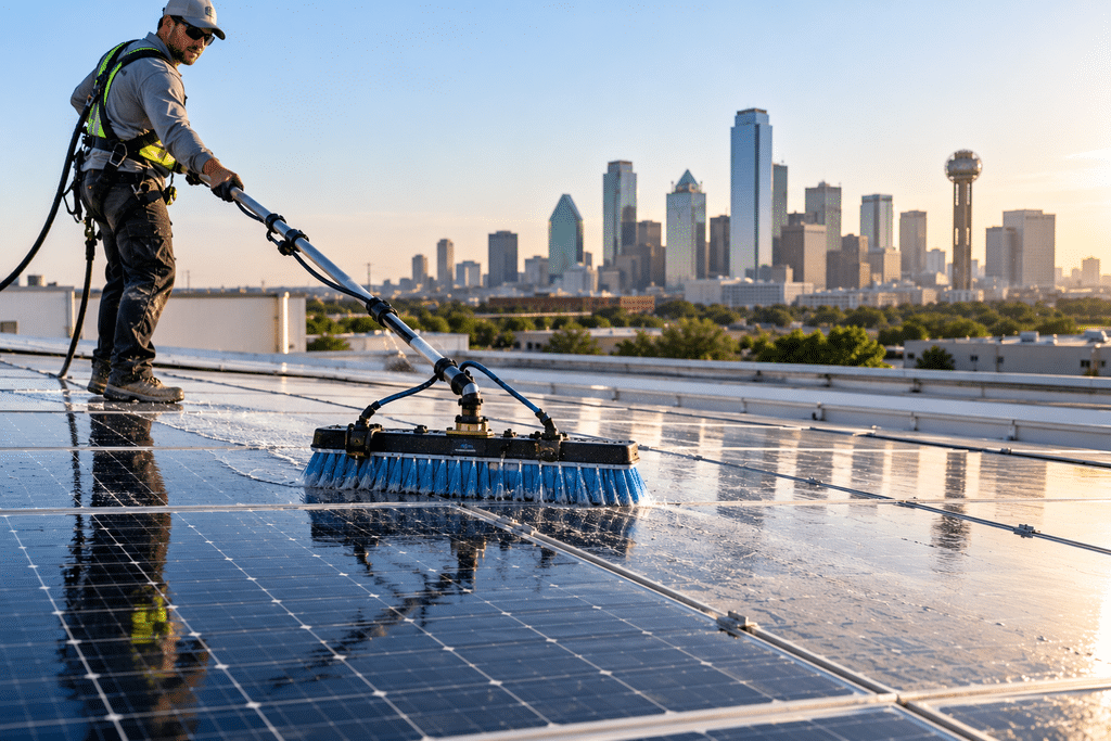 Professional exterior cleaning technician washing a solar panel array using a water-fed pole system against the Dallas skyline.