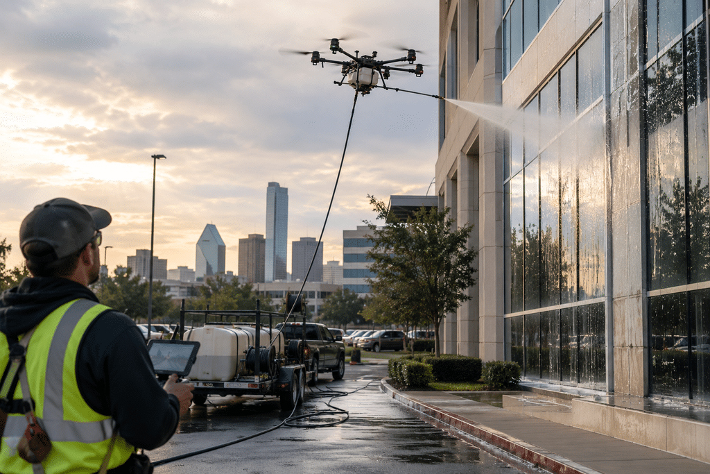 Heavy-lift commercial washing drone cleaning the glass facade of a multi-story office building in DFW.