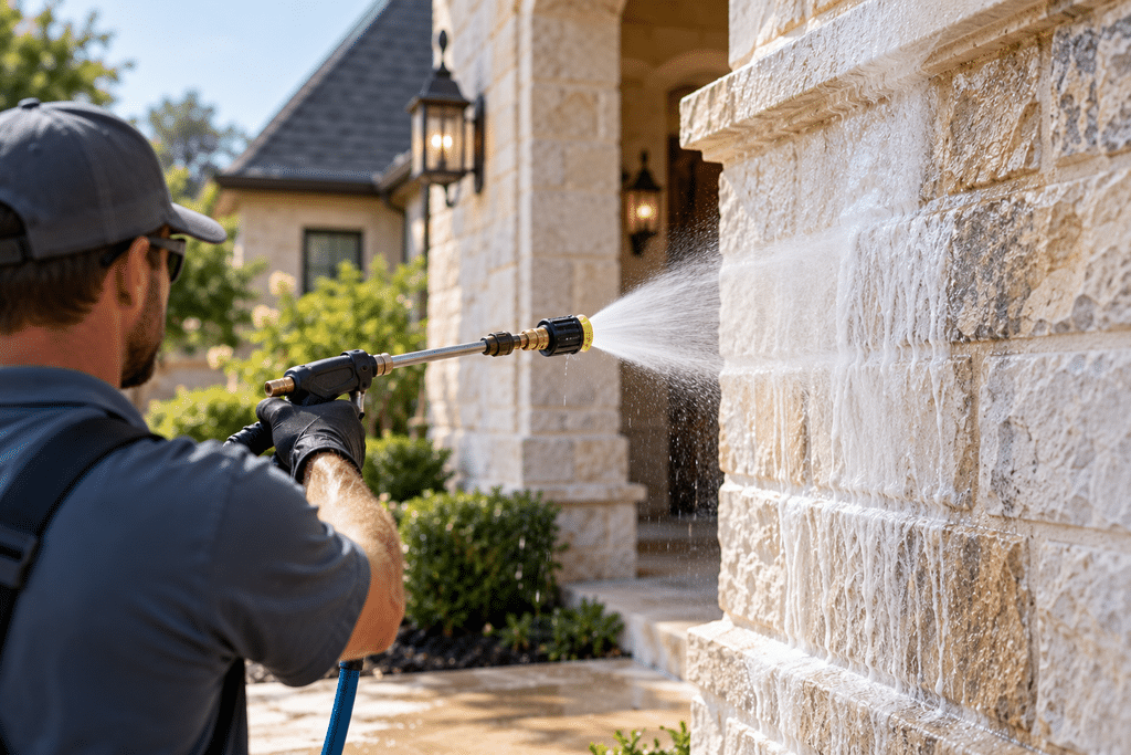 Professional pressure washing technician soft washing the exterior limestone entryway of a home.